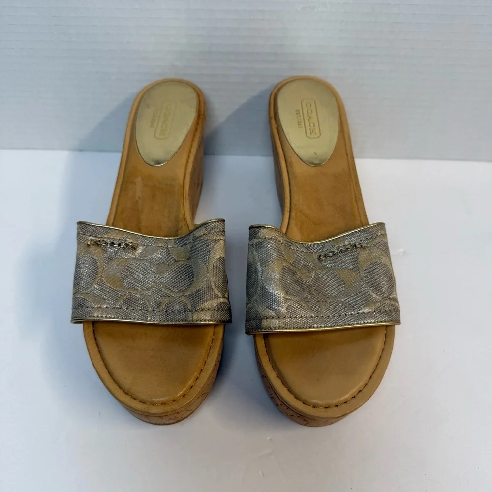 Coach Signature Gold Metallic‎ Cork Wedge Slides – Women’s size 9.5B